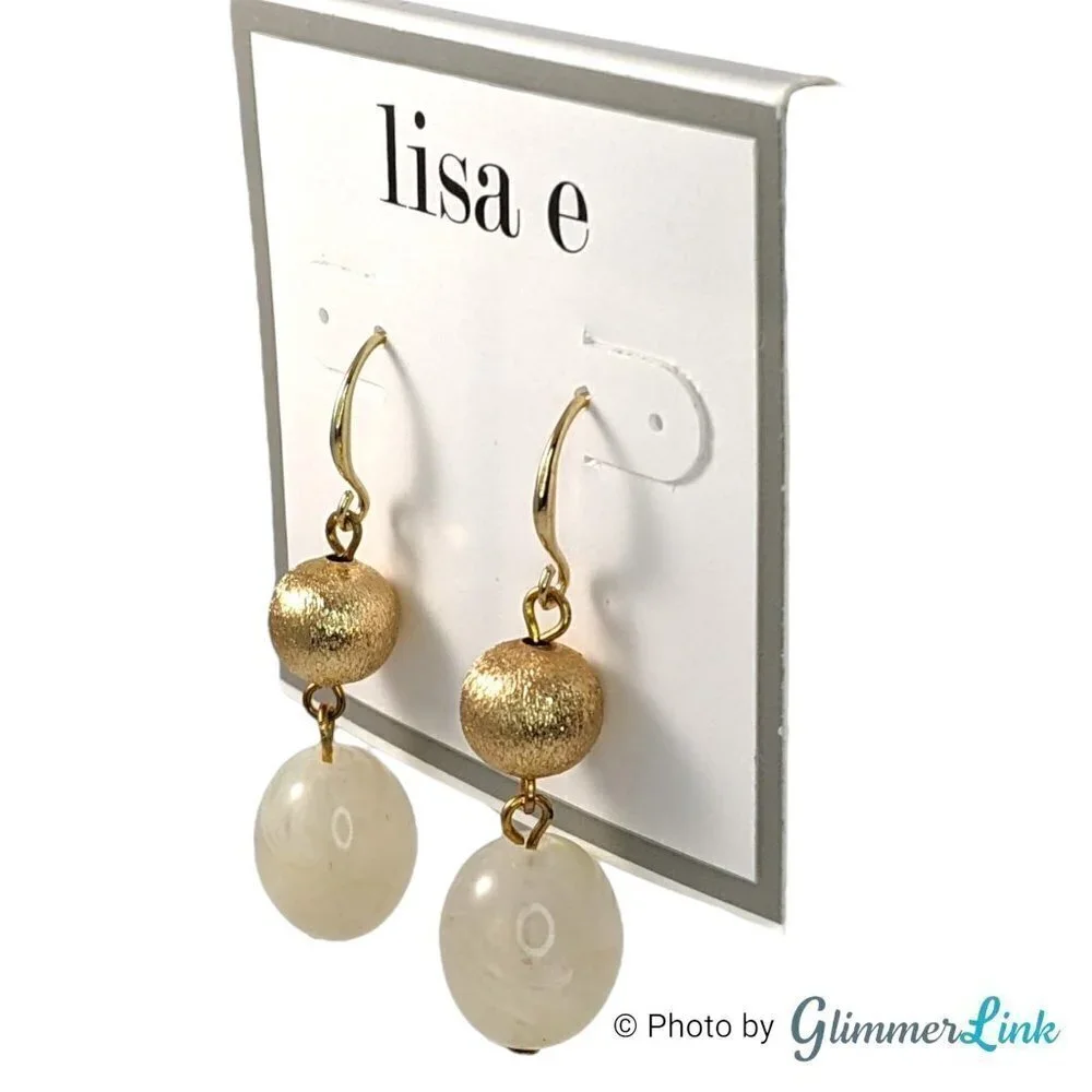 Tiered Off White Marbled & Gold Tone Beaded Dangle Earrings